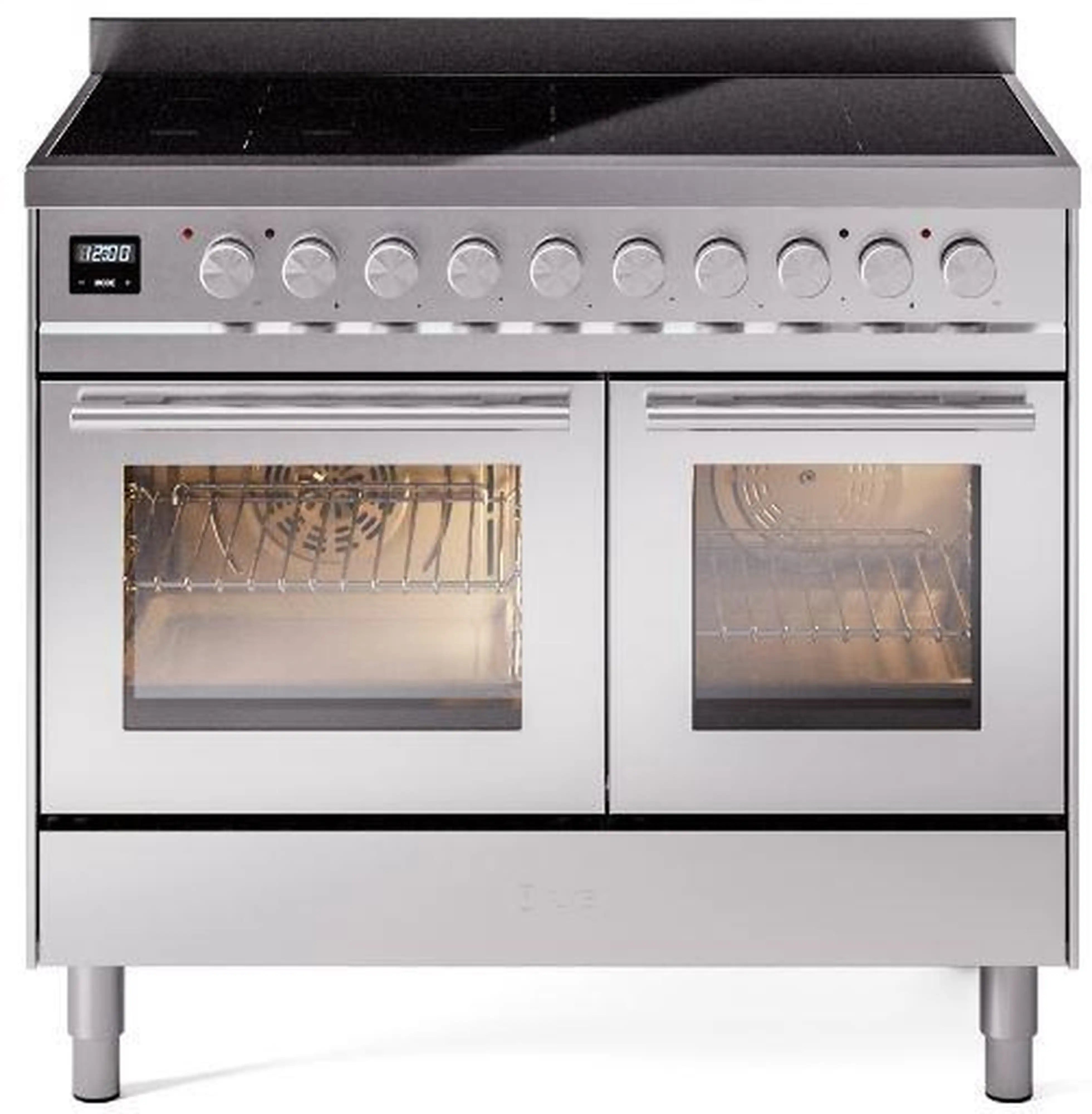 Stainless steel dual-oven induction range with two glass oven doors and control panel