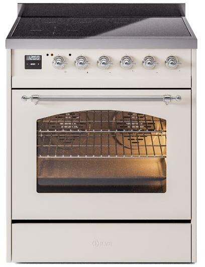 Freestanding electric induction range with closed oven door, chrome handle and control knobs