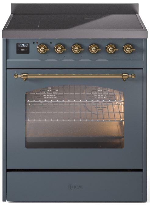 Blue grey freestanding electric induction range with brass trim and oven door, front view