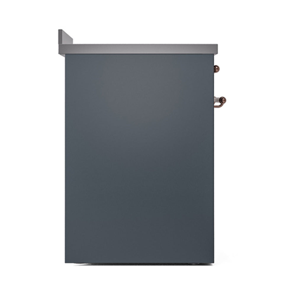 Freestanding electric induction range back panel, blue-grey with copper rear connections