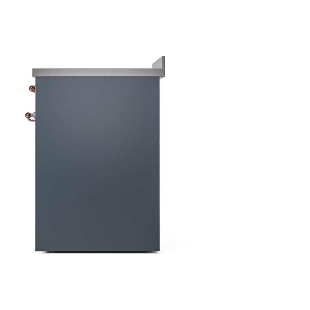 Freestanding electric induction range back corner, blue-grey with copper trim accents