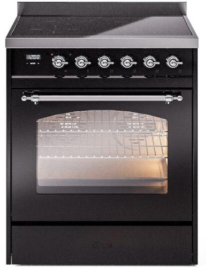 Freestanding electric induction range, glossy black with chrome control knobs and oven window