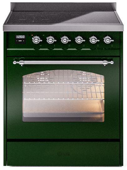 Emerald green freestanding induction range with chrome knobs and glass oven door