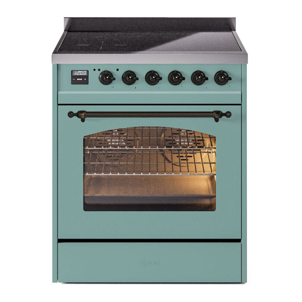 ILVE Nostalgie II 30-Inch Freestanding Electric Induction Range in Mediterranean Mint with Burnished Bronze Trim (UPI304NMPMMB)