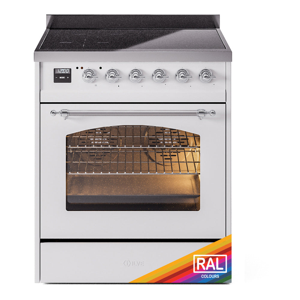 Freestanding electric induction range front with open oven door, control knobs, white body