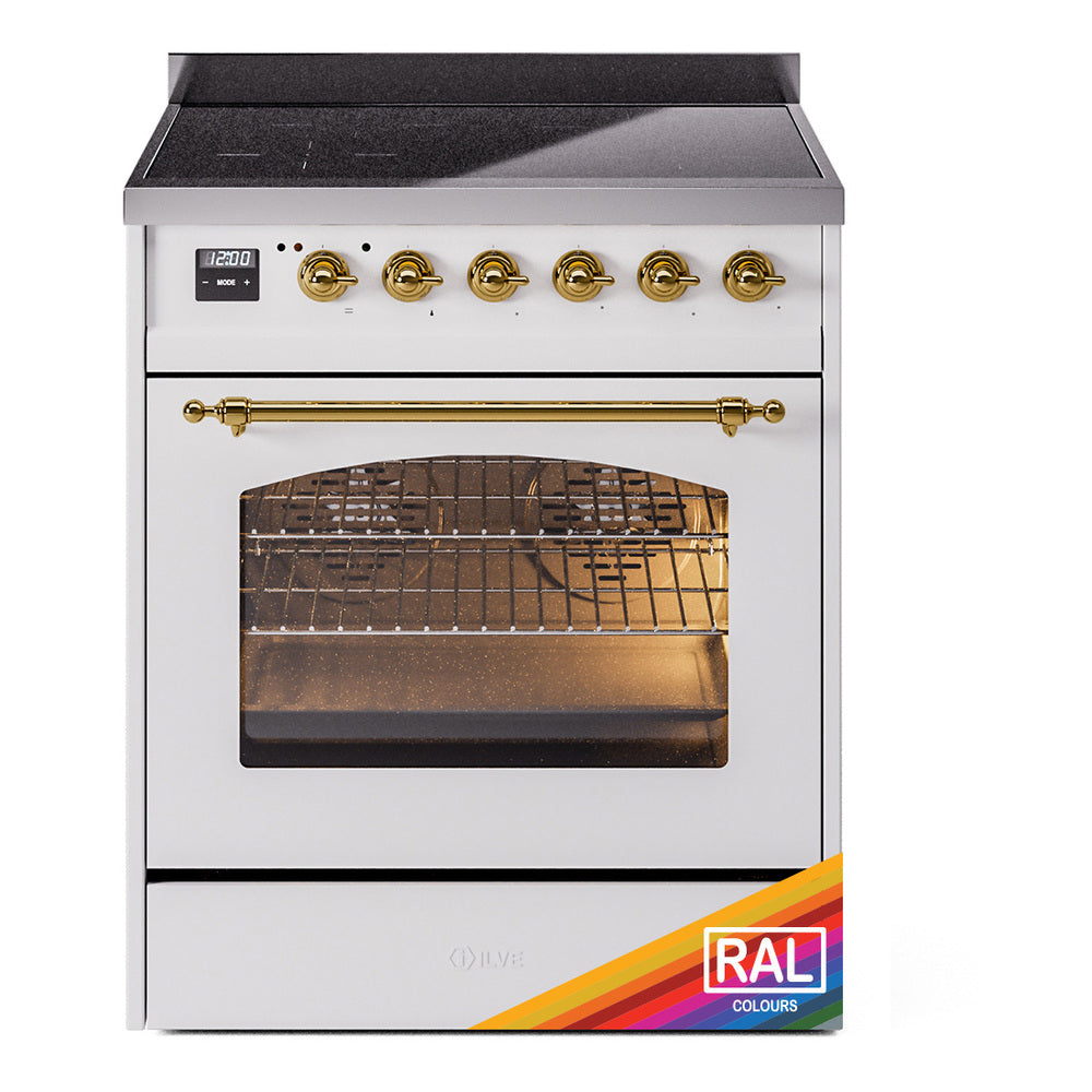 Freestanding induction range, open oven with brass handle and gold-tone knobs