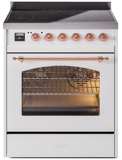 Open oven door on white range with wire racks and warm interior light