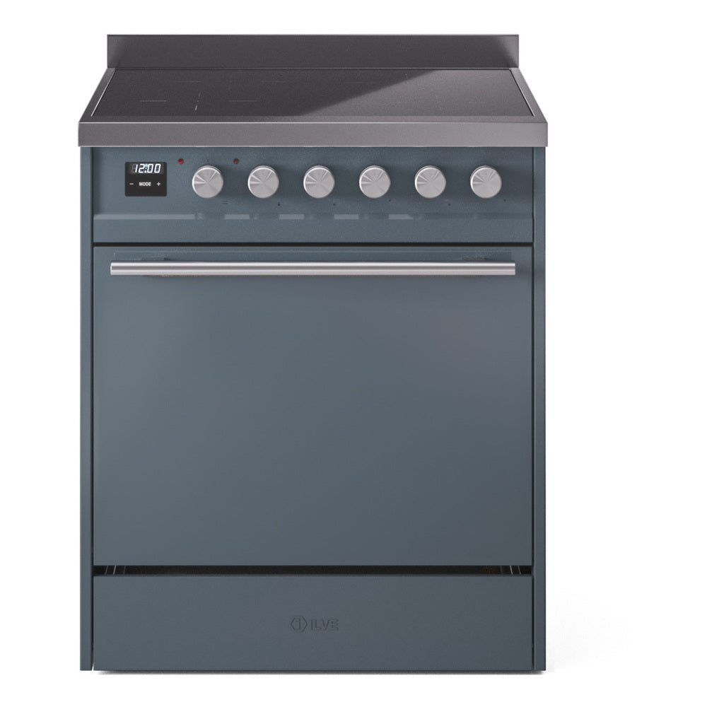 Blue grey induction range with control knobs and closed oven door