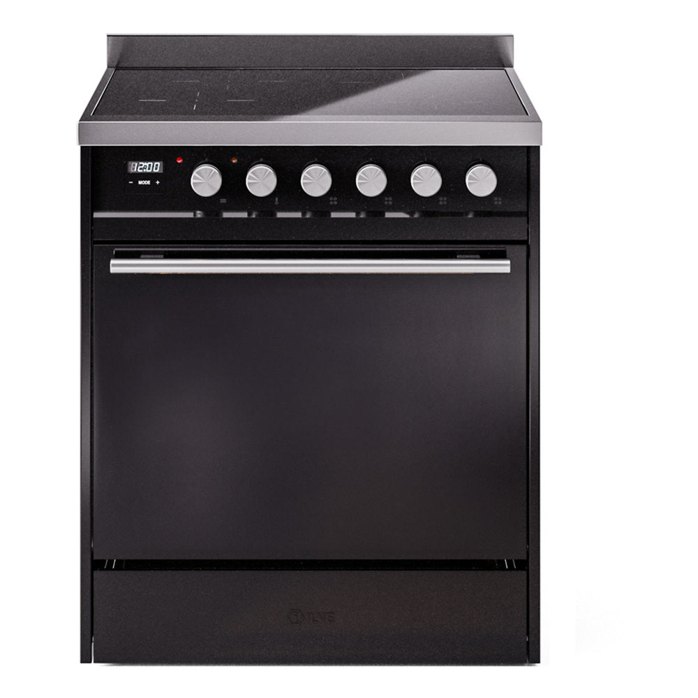 Glossy black induction range with front control panel and oven door