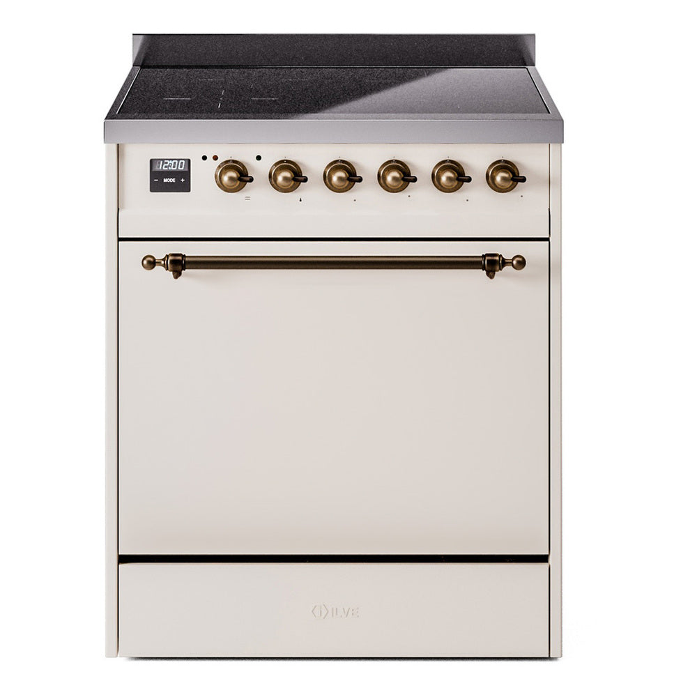 Antique white induction range with bronze control knobs, closed solid oven door