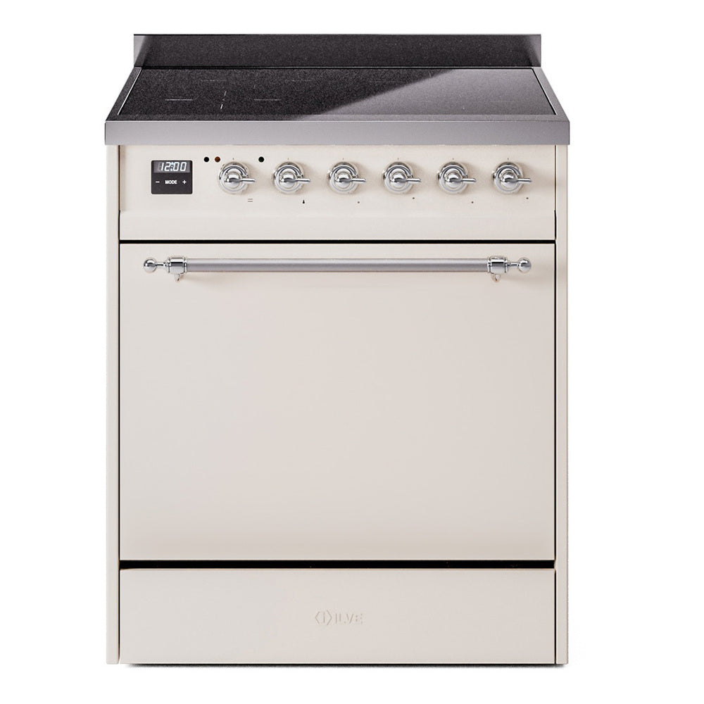 Antique white induction range front with control panel, oven door, and storage drawer