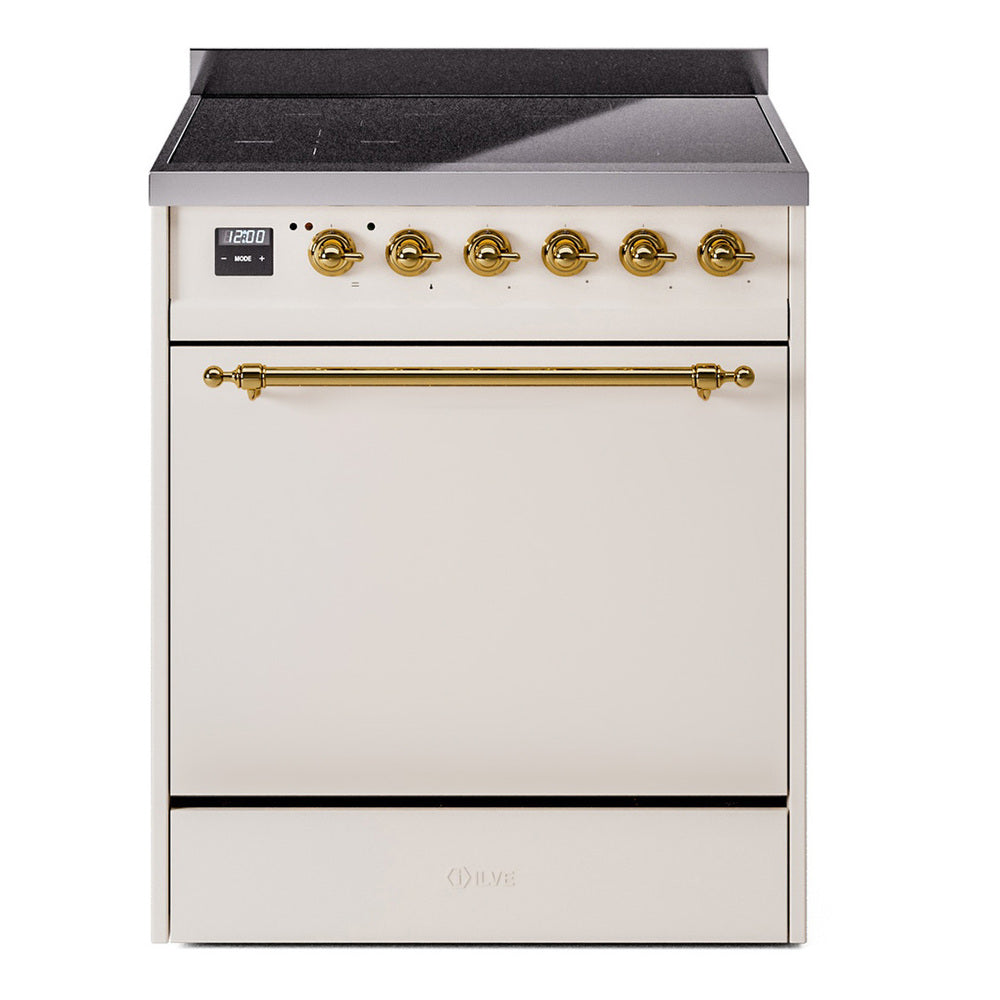 Antique white induction range with brass control knobs and front oven handle