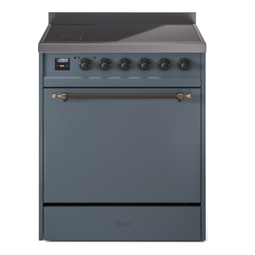 Blue grey induction range with bronze-trim control knobs and front oven door
