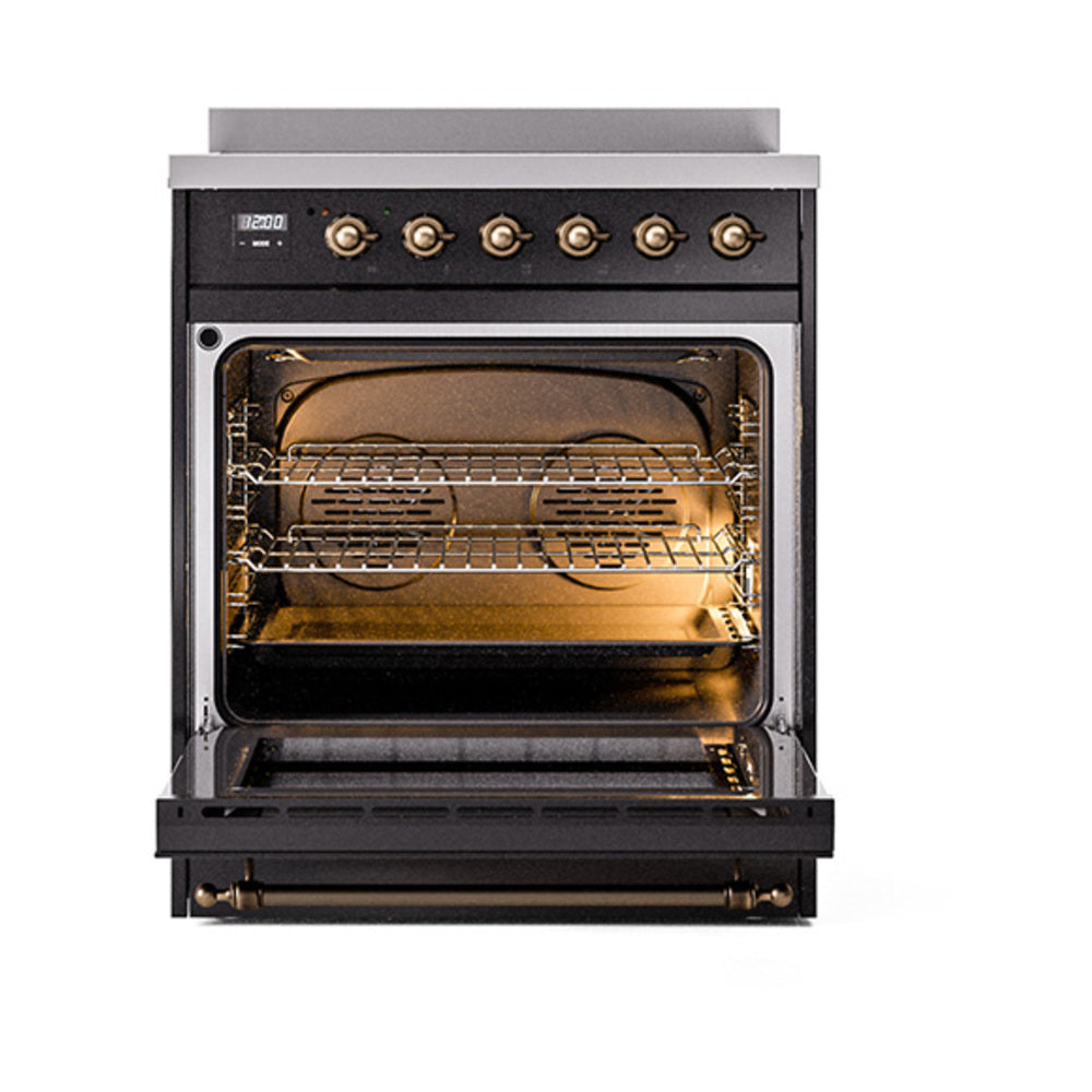 Induction range oven door open, black interior with racks and bronze-trimmed controls
