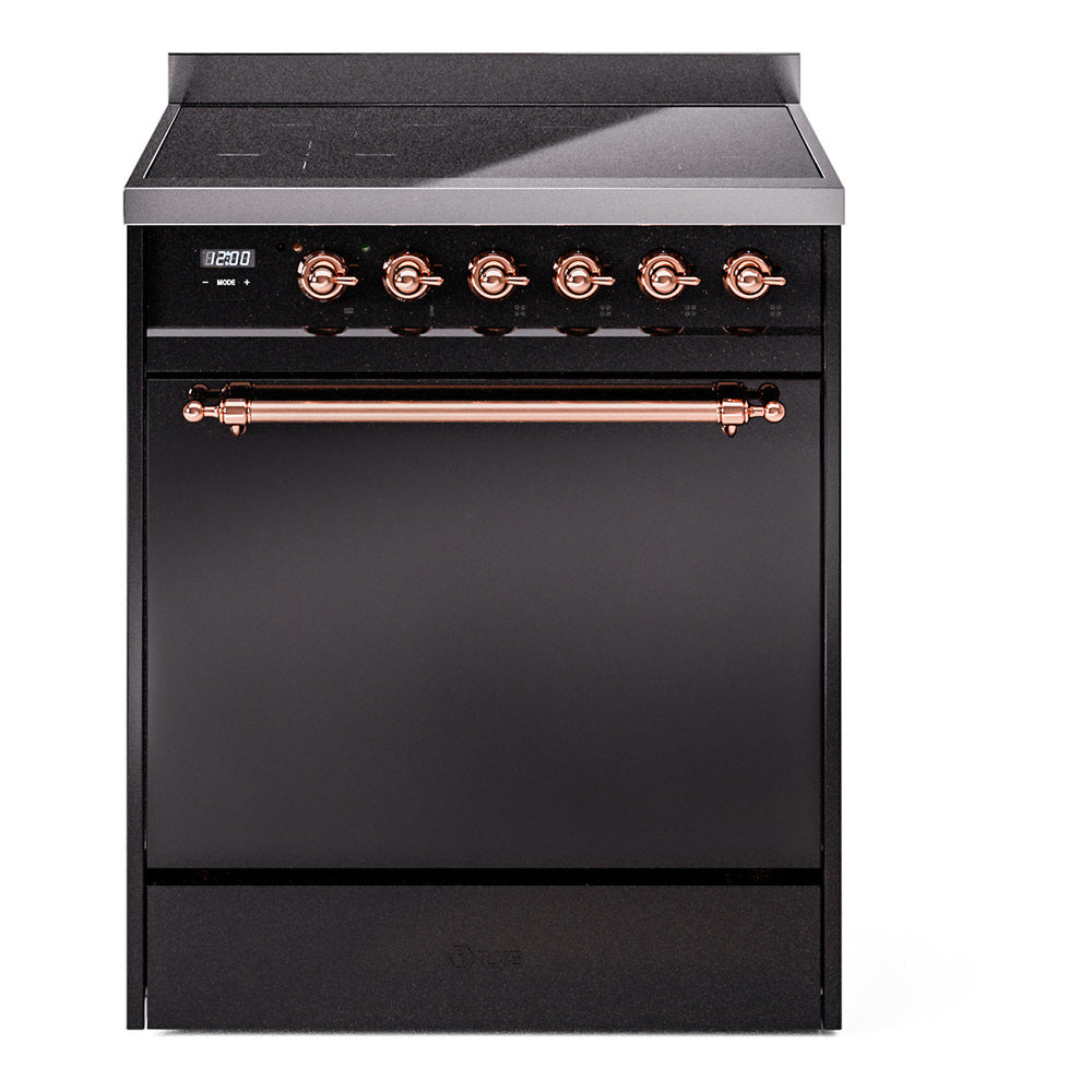 Glossy black induction range with copper-trimmed control panel and oven door