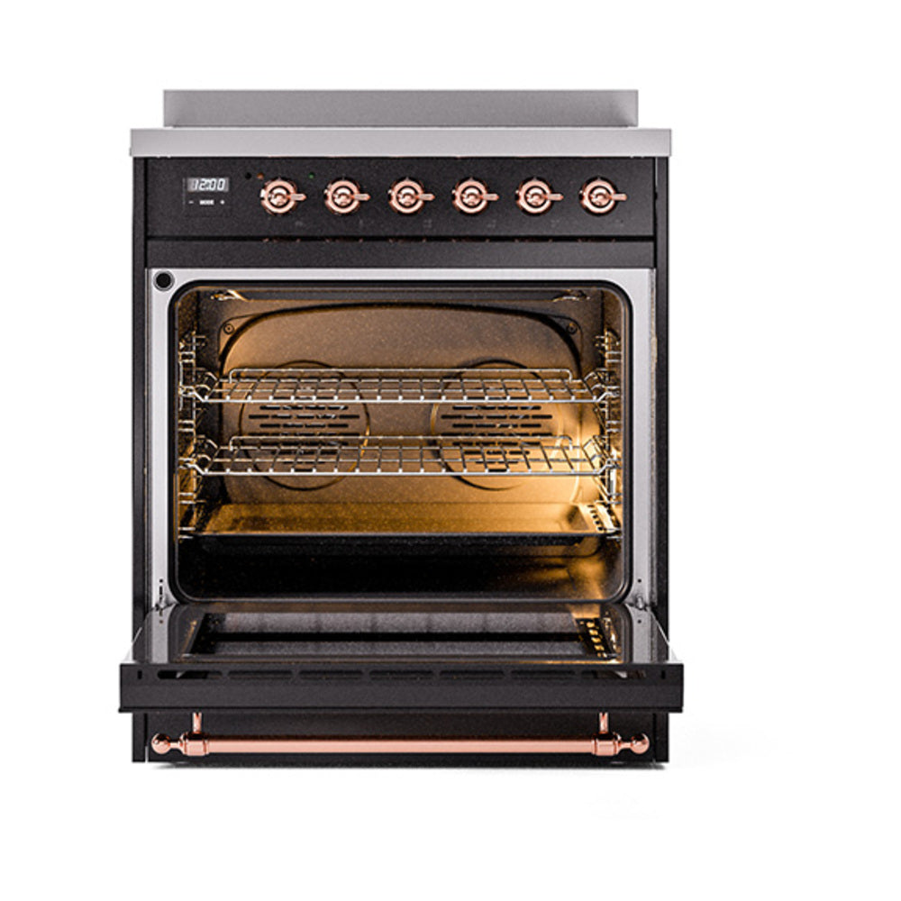 Open oven cavity of glossy black induction range with rack and copper handle bar