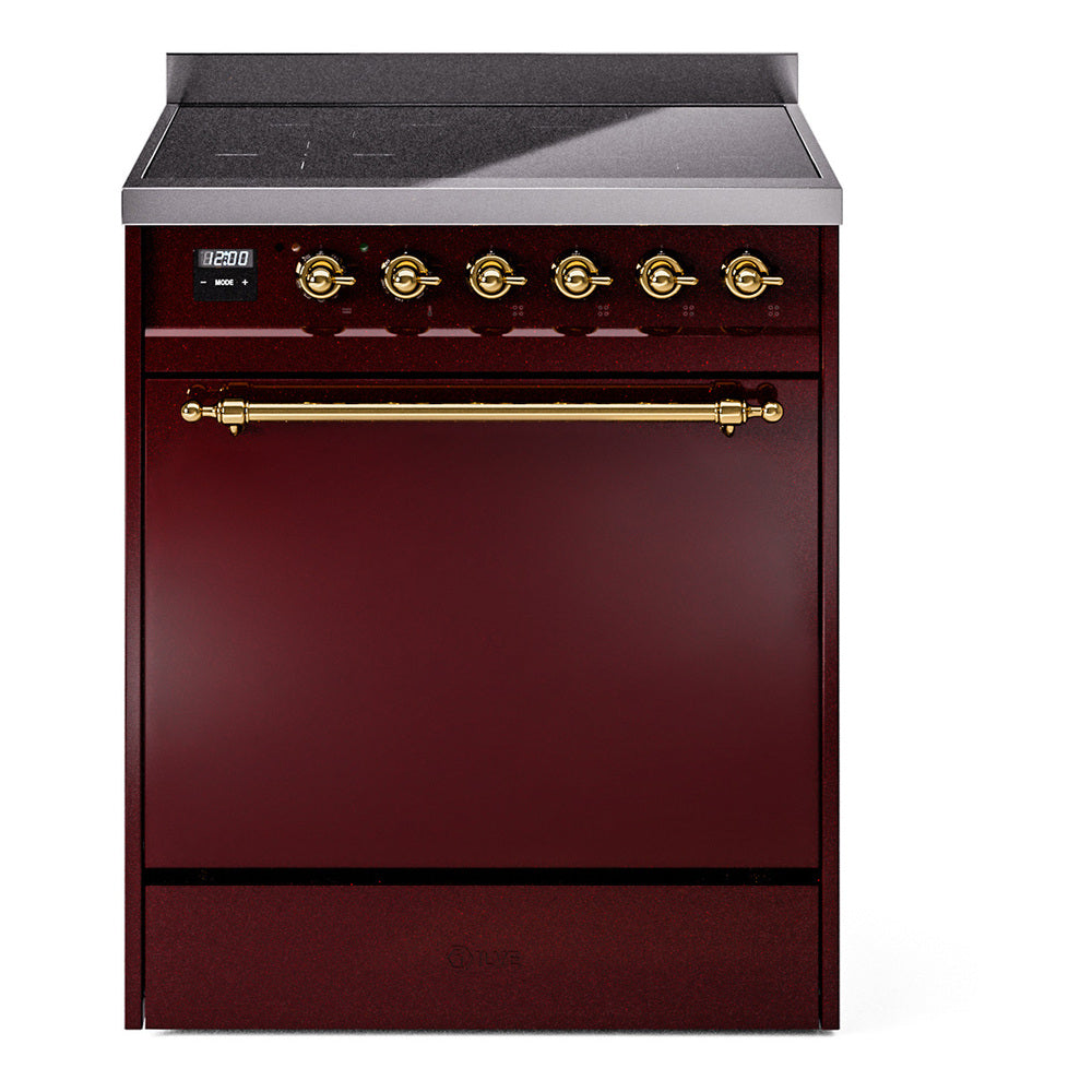 Burgundy induction range front with brass cooktop knobs and closed oven door