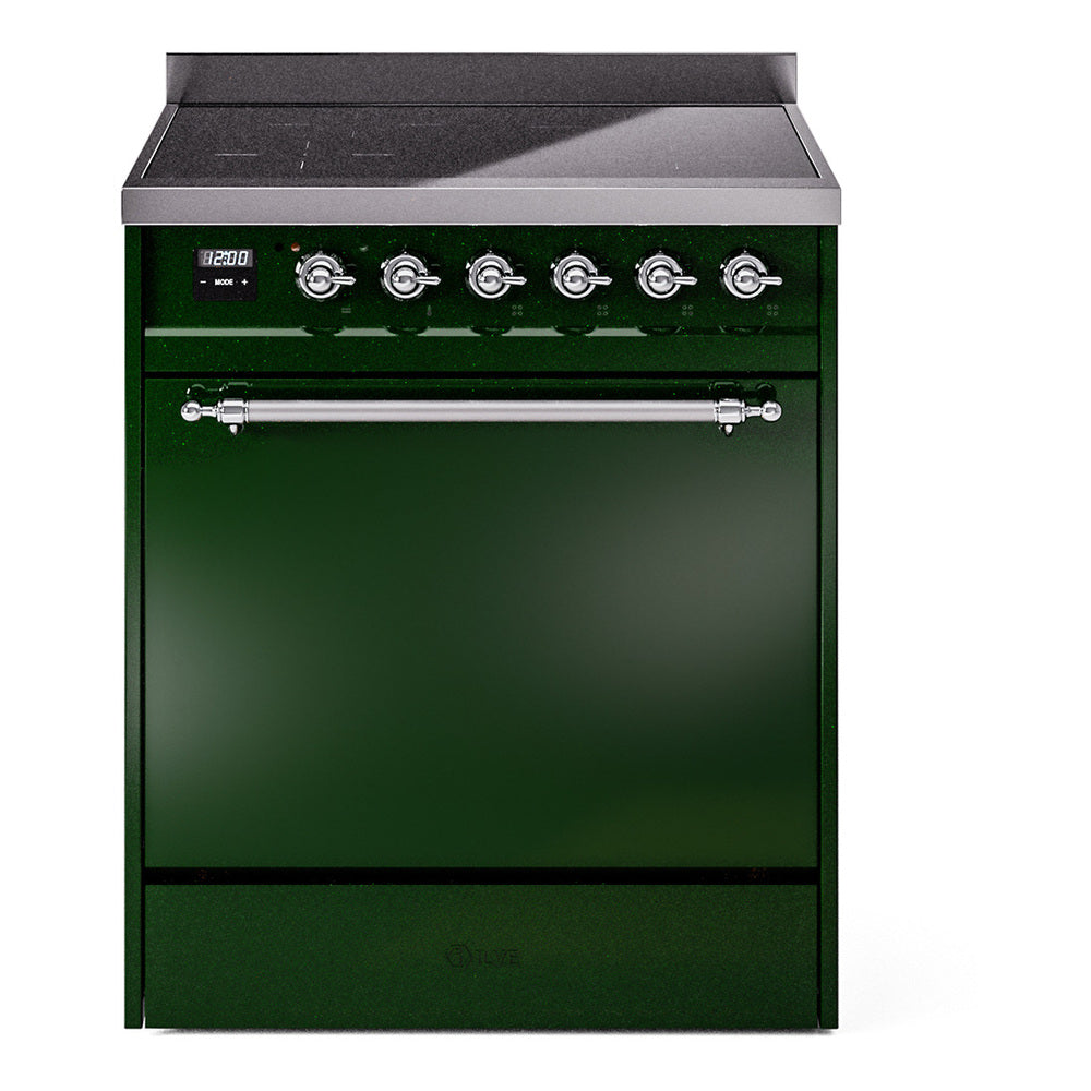 Emerald green induction range with solid door oven and chrome-trim control knobs