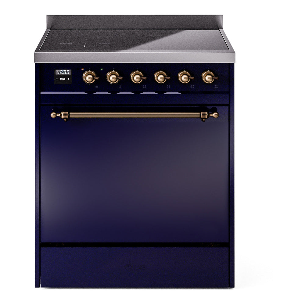ILVE induction range front panel with bronze control knobs and dark glass cooktop