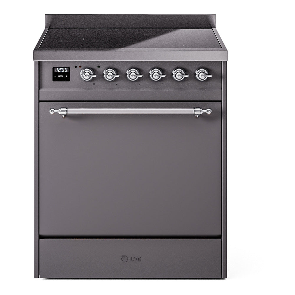 Matte graphite induction range with knob controls and solid door oven