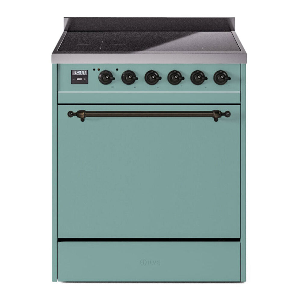 ILVE 30-Inch Nostalgie II Induction Range with Solid Door Oven in Mediterranean Mint with Burnished Bronze Trim (UPI304QNMPMMB)