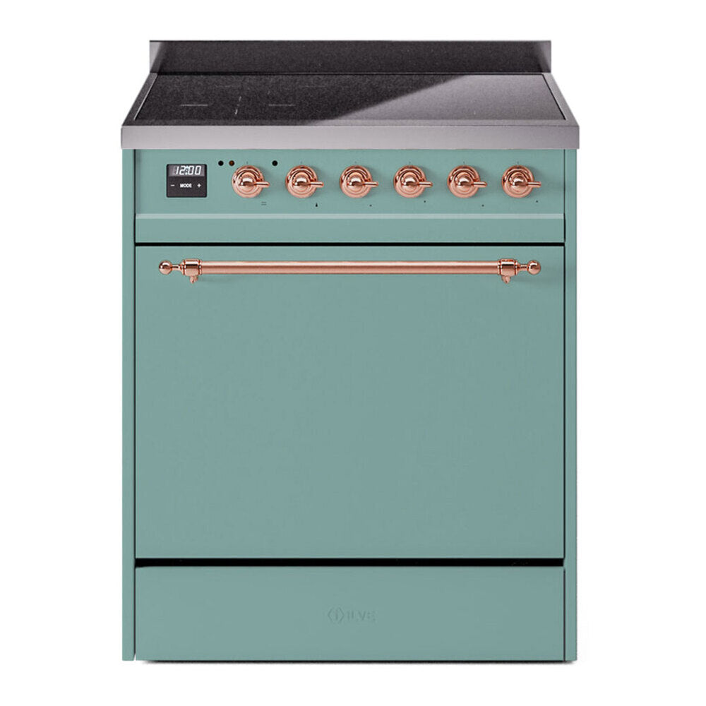 ILVE 30-Inch Nostalgie II Induction Range with Solid Door Oven in Mediterranean Mint with Copper Trim (UPI304QNMPMMP)