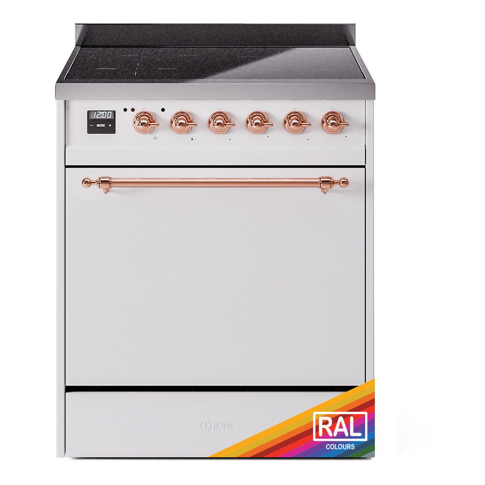 Induction range front with copper knobs, long copper handle, and RAL finish badge