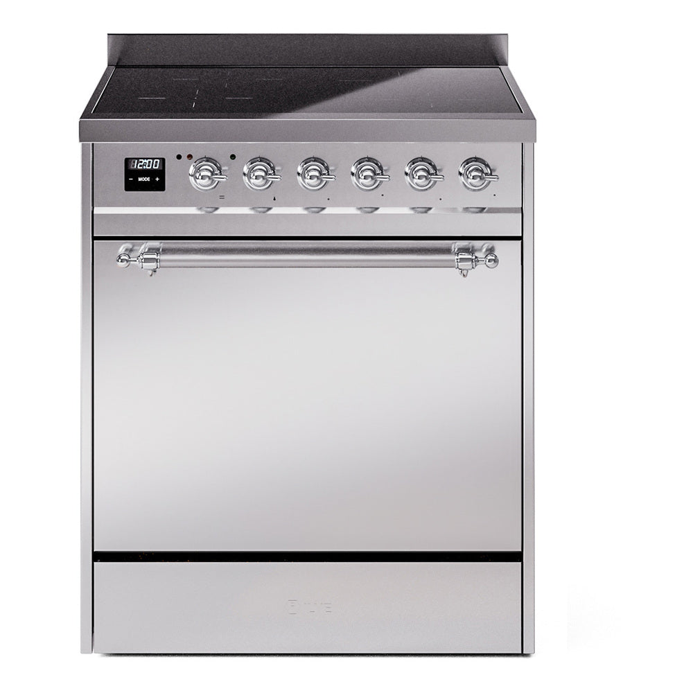 Stainless steel induction range with knobs and black cooktop surface, front view