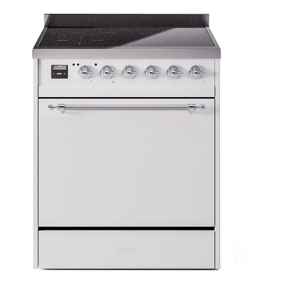 White induction range front with control panel knobs and closed solid oven door