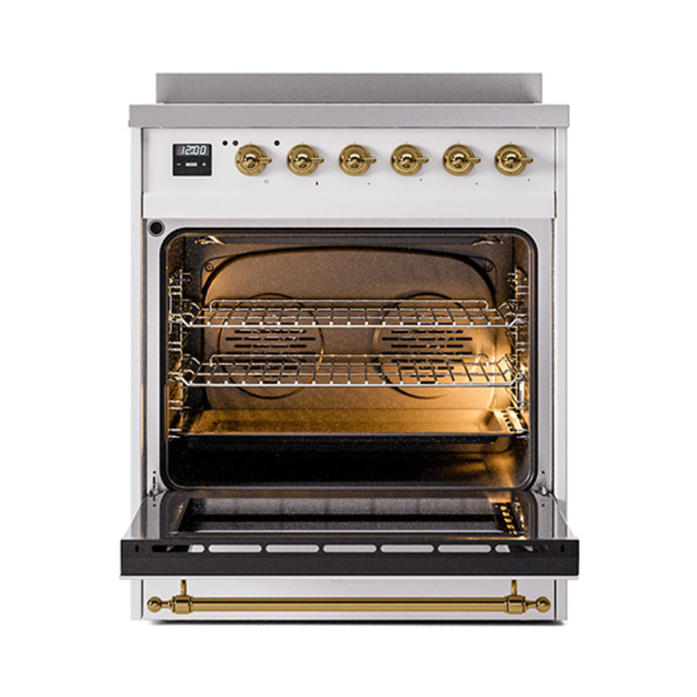 30-inch induction range oven door open, showing racks and brass-trimmed controls