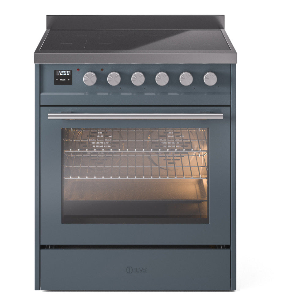 Blue grey induction range front view with open oven and knob control panel