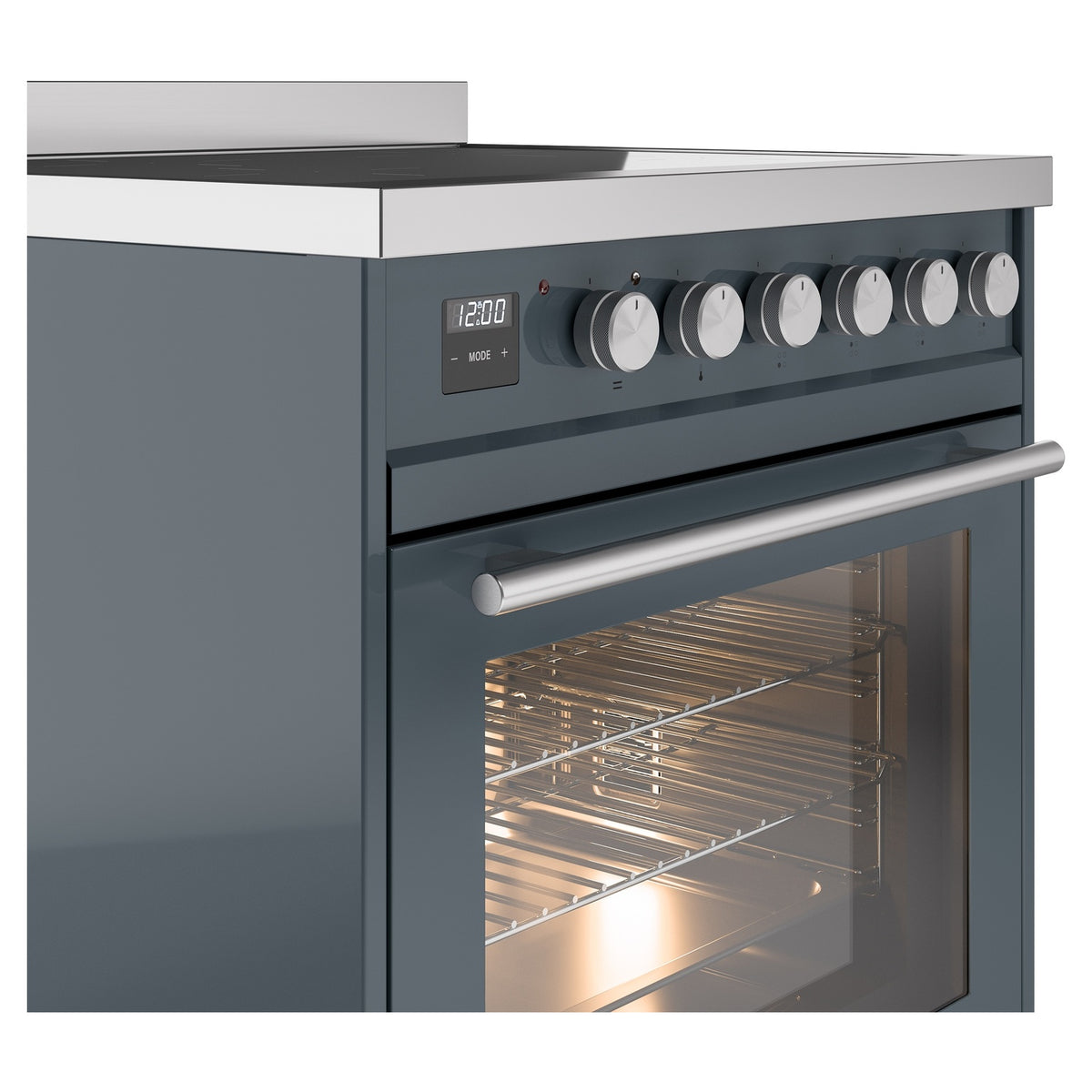 Blue grey induction range front side view with knob controls and oven handle