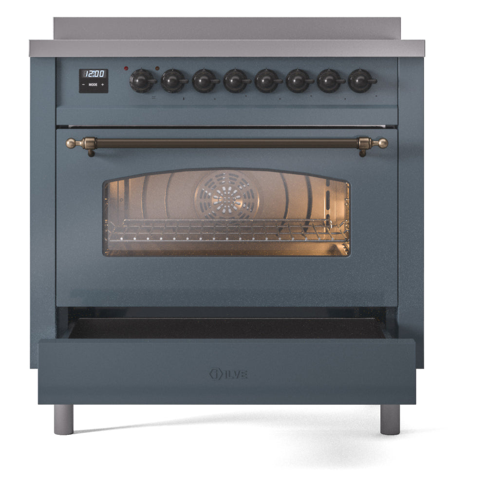 Freestanding electric induction range with bronze oven handle and blue-grey oven door