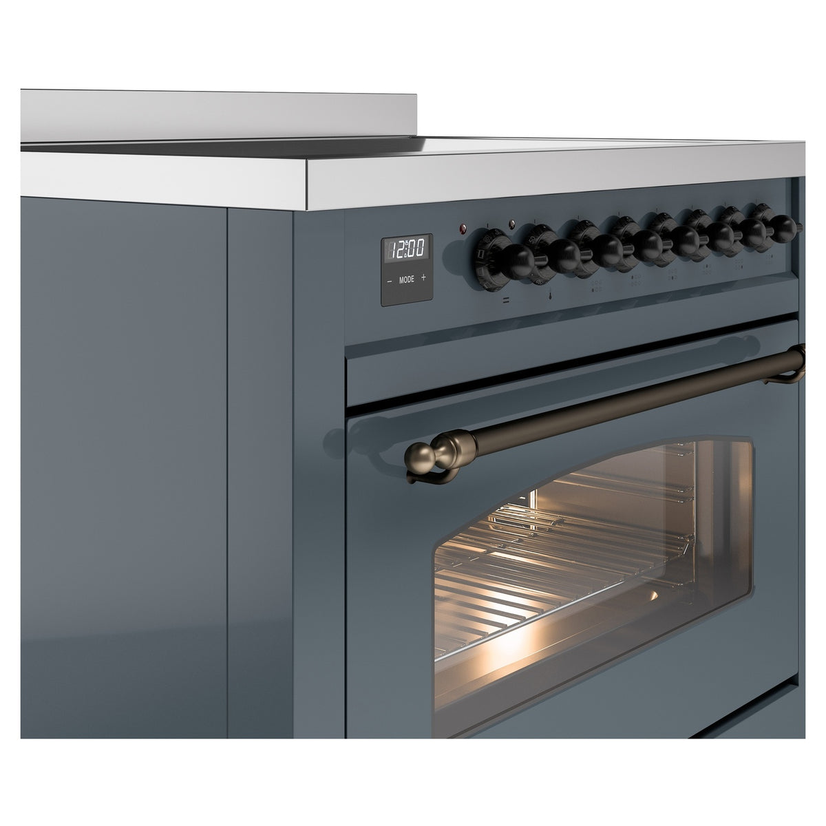Induction range control panel with knob row and bronze oven handle over a lit oven
