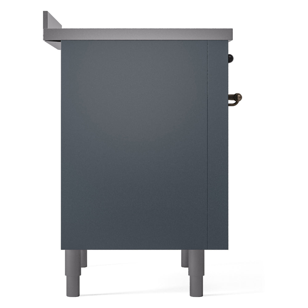 Side of freestanding induction range in blue-grey with legs and control edge
