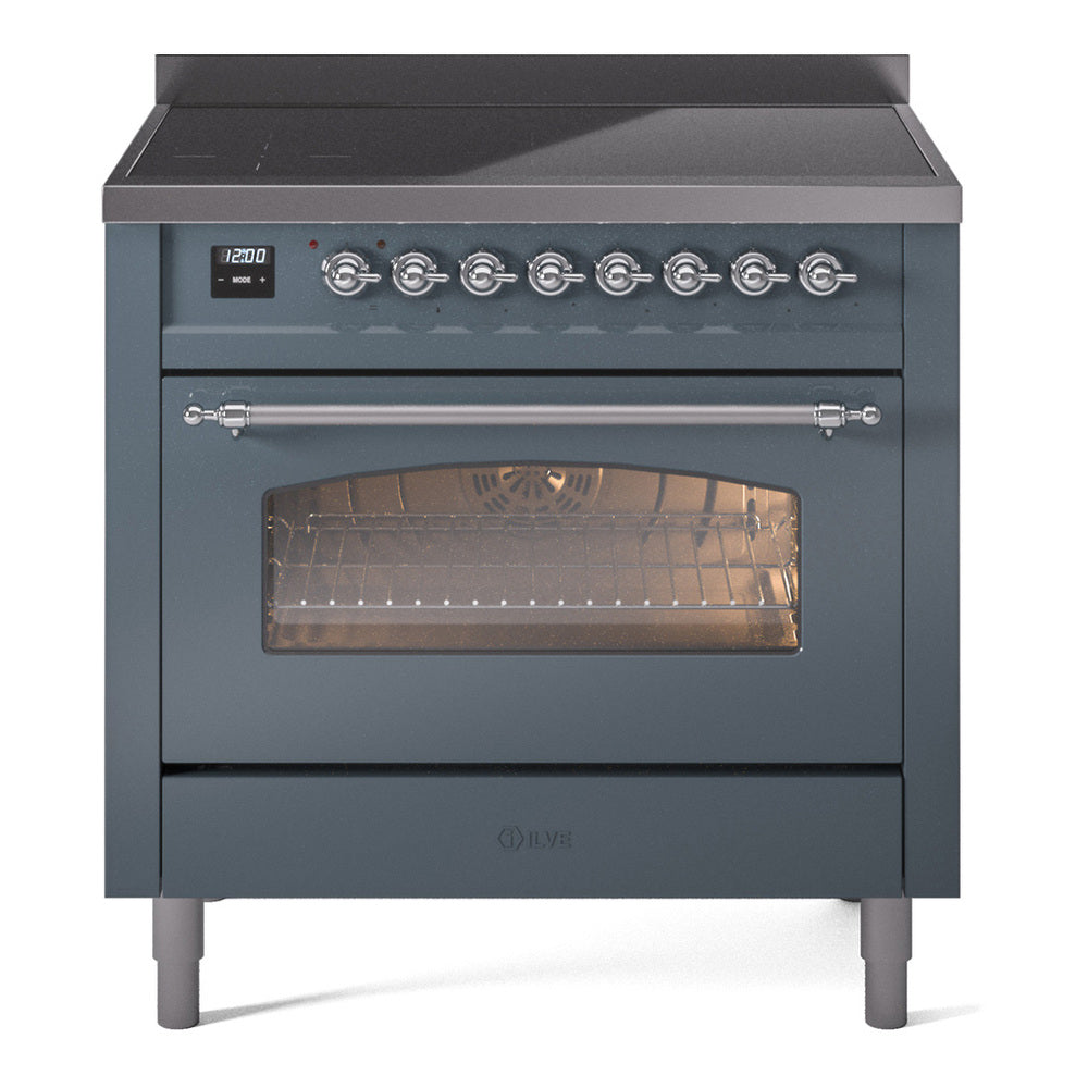 Freestanding electric induction range in blue grey with chrome trim and oven window