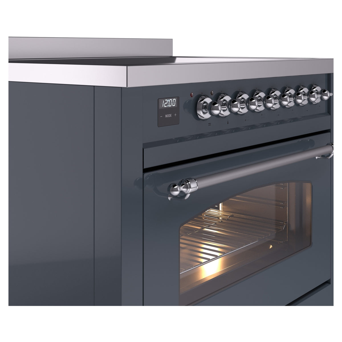 Freestanding induction range front controls with chrome knobs and oven handle, door open