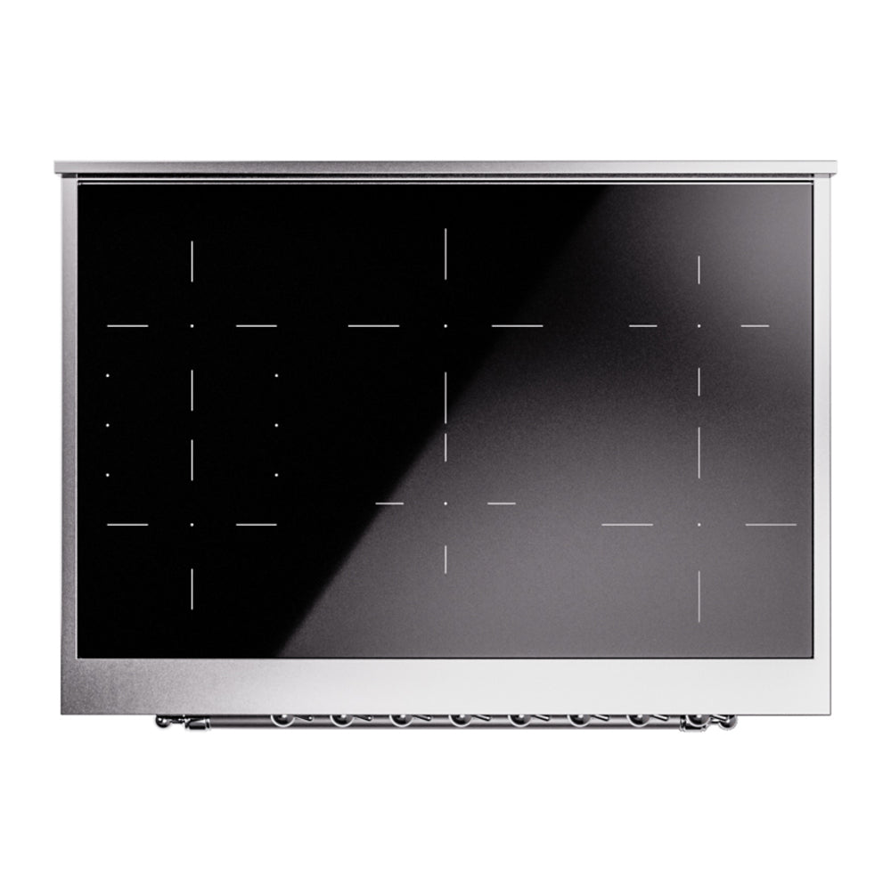 Cooktop glass surface of freestanding induction range, dark panel with light markings