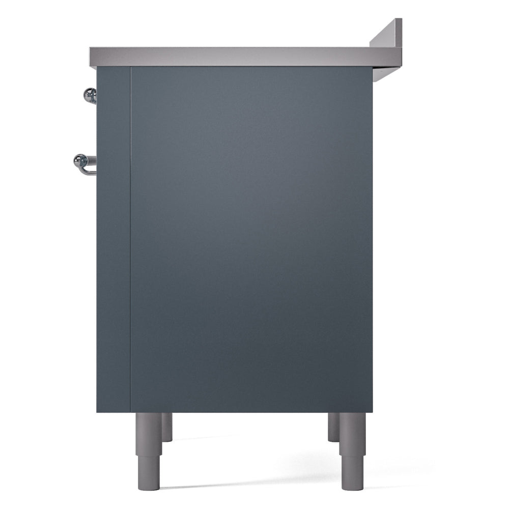 Rear side of freestanding induction range in blue grey with side mounting hardware