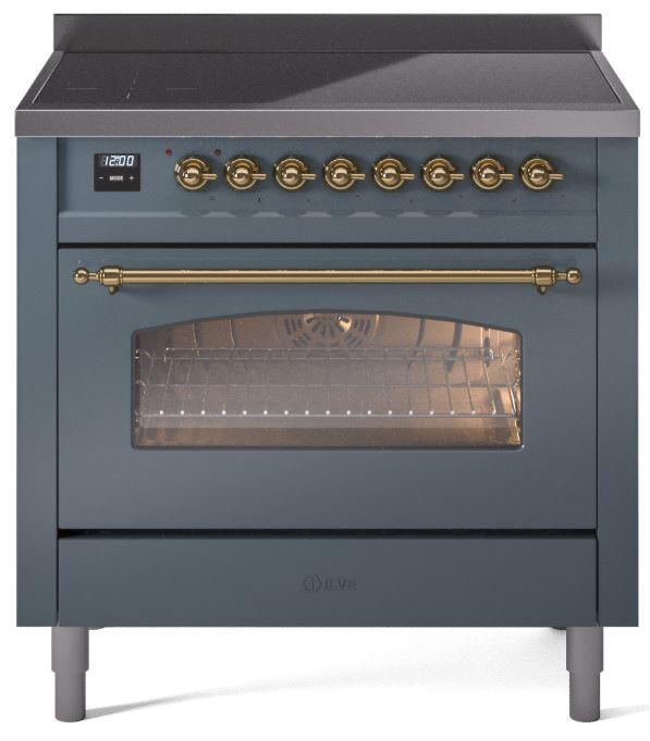 Blue grey freestanding electric induction range with brass trim and glass oven door window