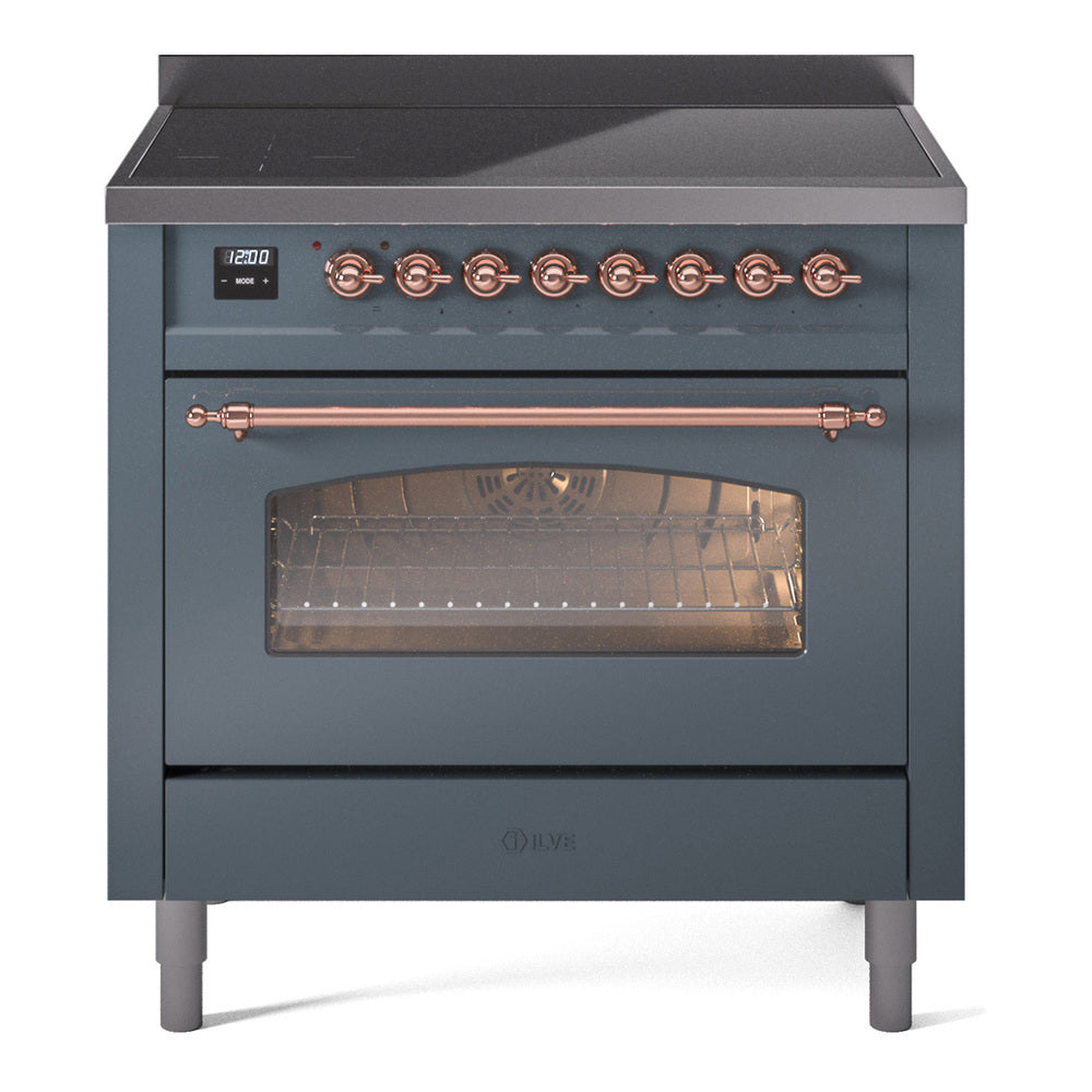 Blue grey freestanding induction range with copper-trim controls and glass oven door