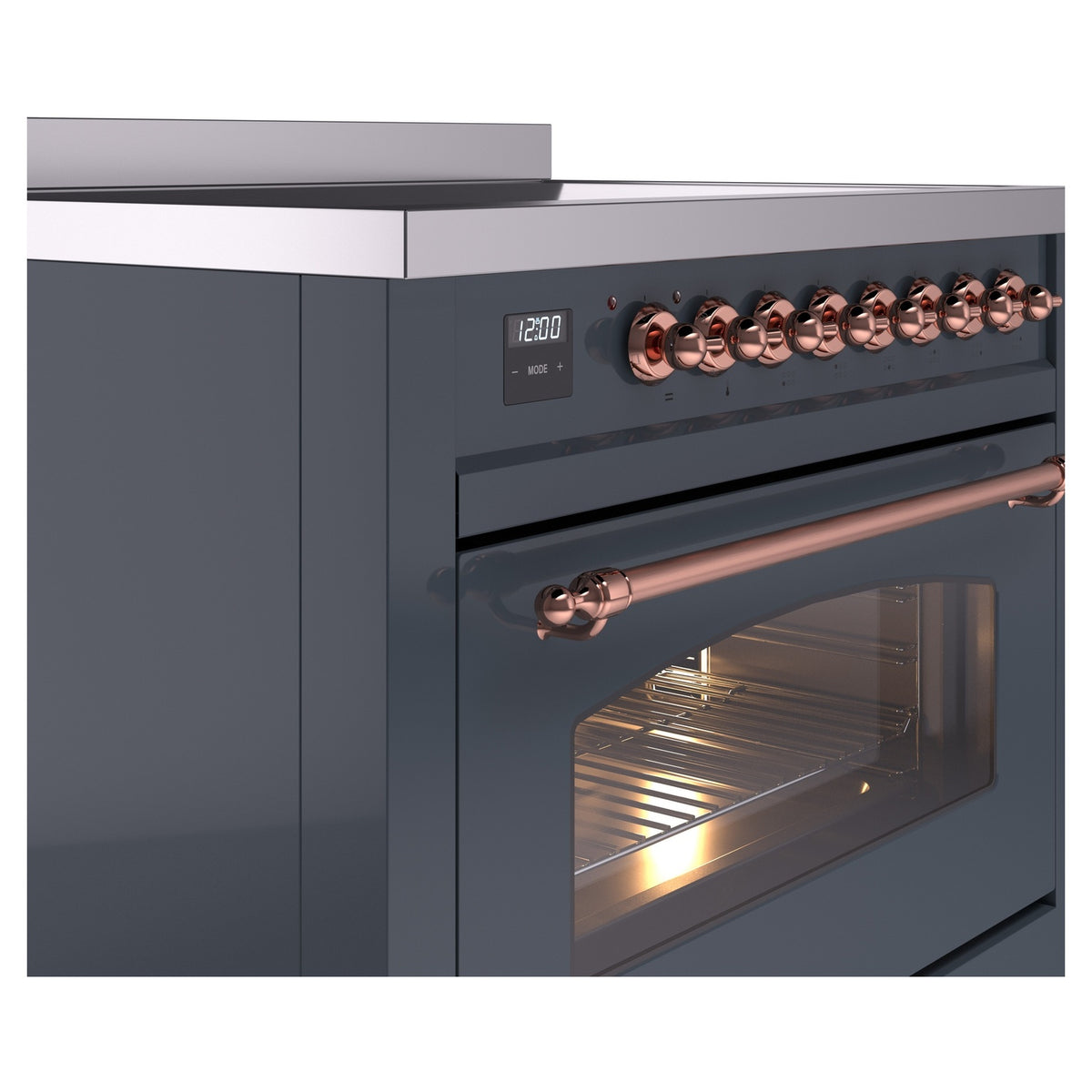 Copper-trim control knobs and copper oven handle on a blue grey induction range