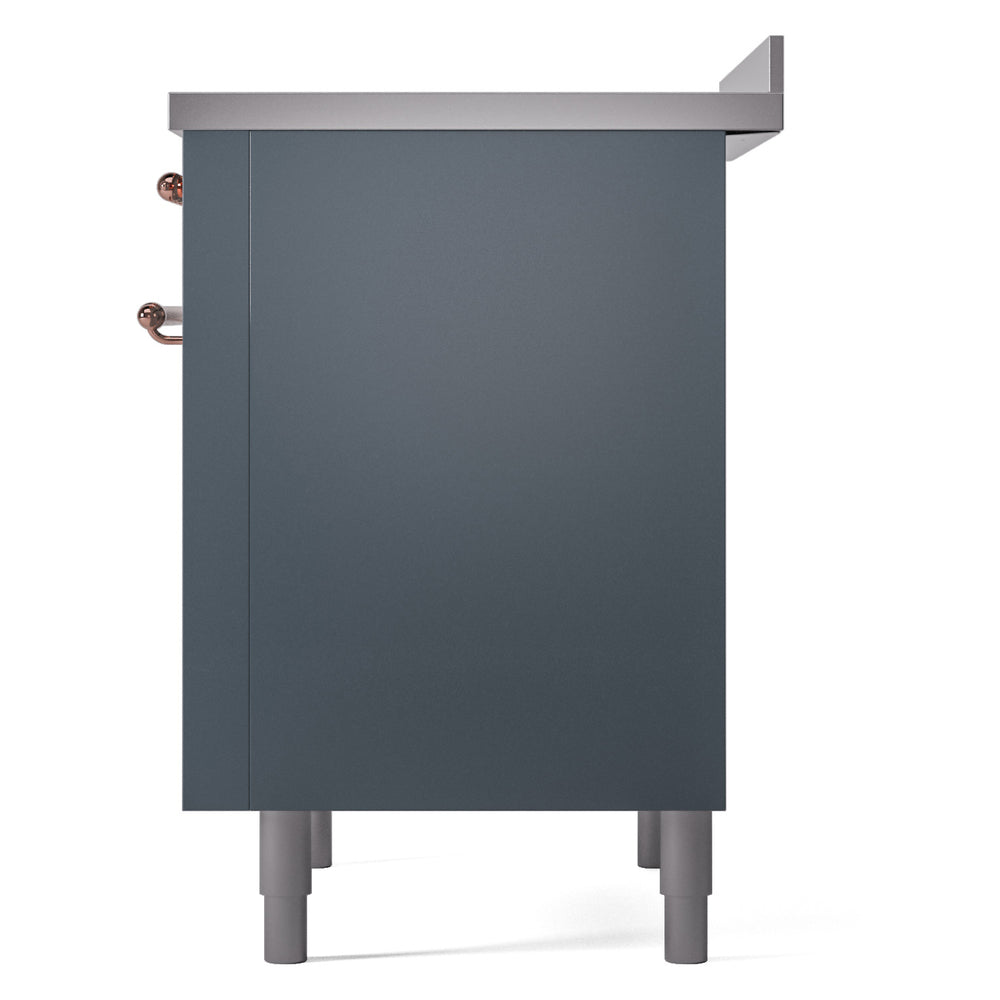 Blue grey freestanding induction range side with copper knob detail