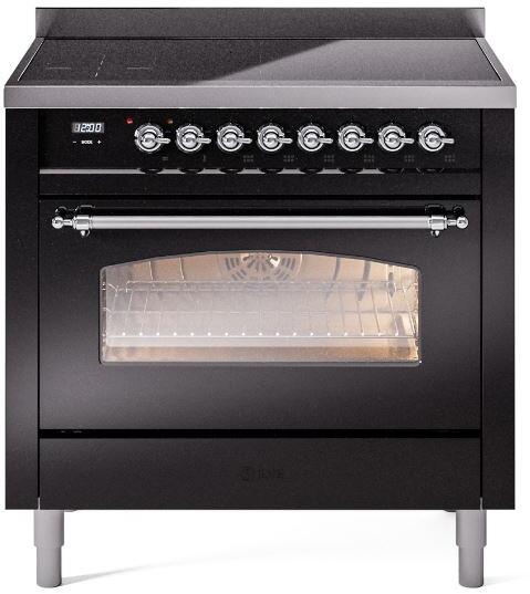 Freestanding induction electric range with glossy black oven door and chrome control knobs