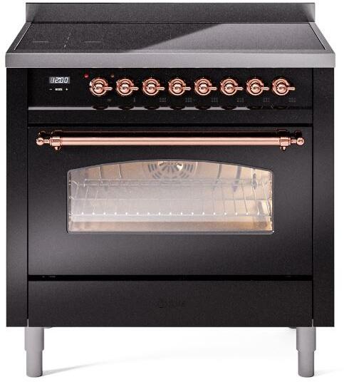 Freestanding induction range, glossy black front with control knobs and oven window.