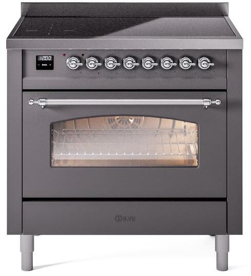 ILVE freestanding electric induction range front view with controls and oven window in graphite