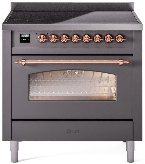 Matte graphite induction range front with copper control knobs and oven window