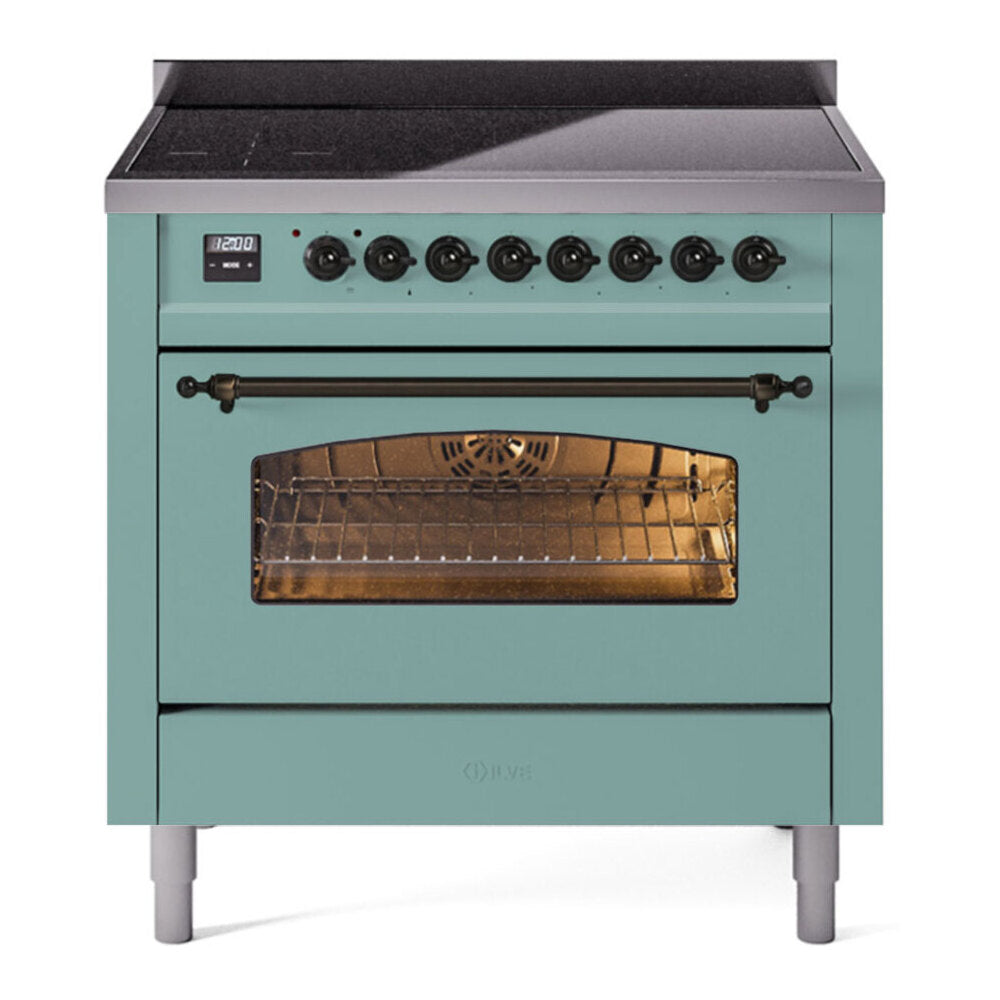 ILVE Nostalgie II 36-Inch Freestanding Electric Induction Range in Mediterranean Mint with Burnished Bronze Trim (UPI366NMPMMB)