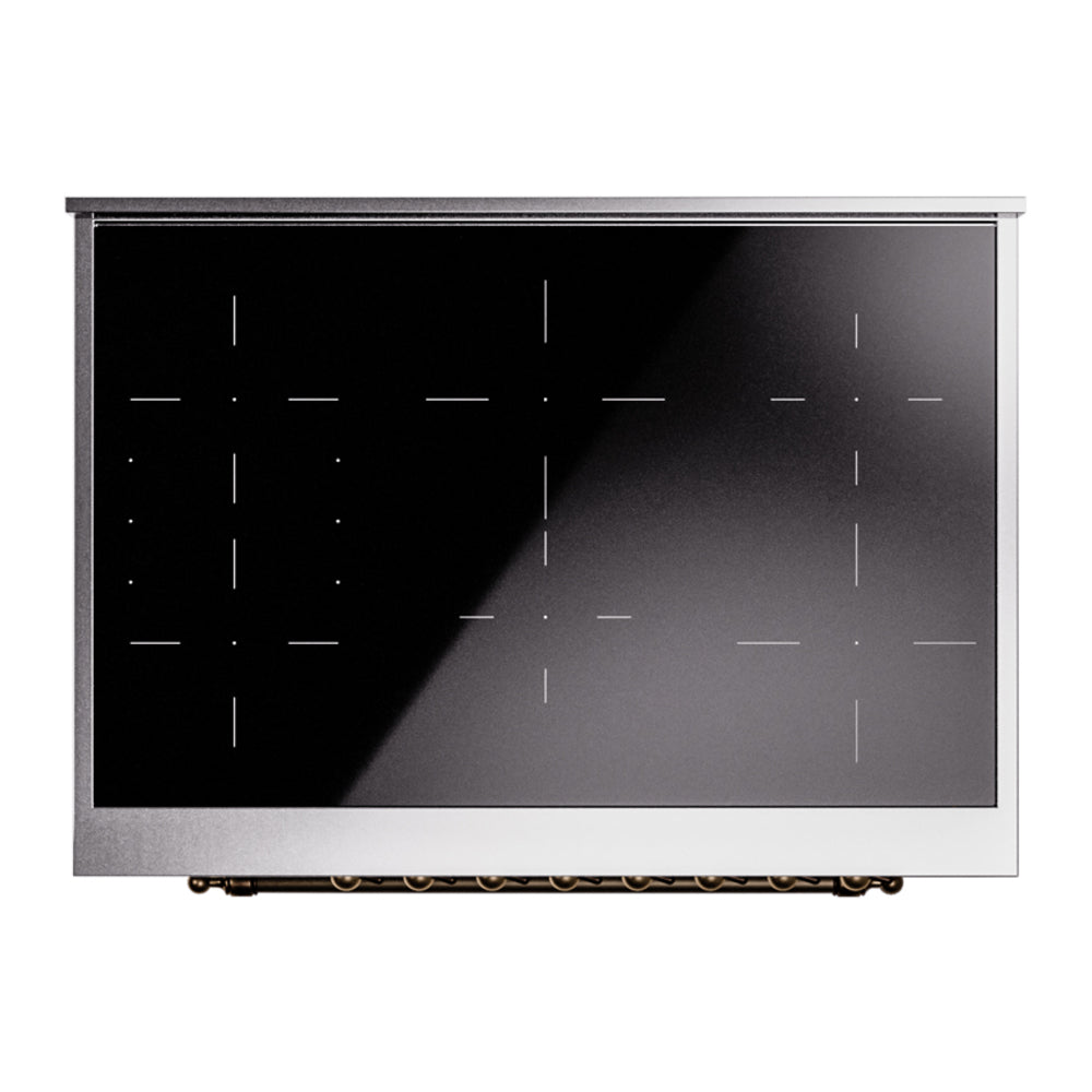 Freestanding induction range cooktop with dark glass and silver metal trim