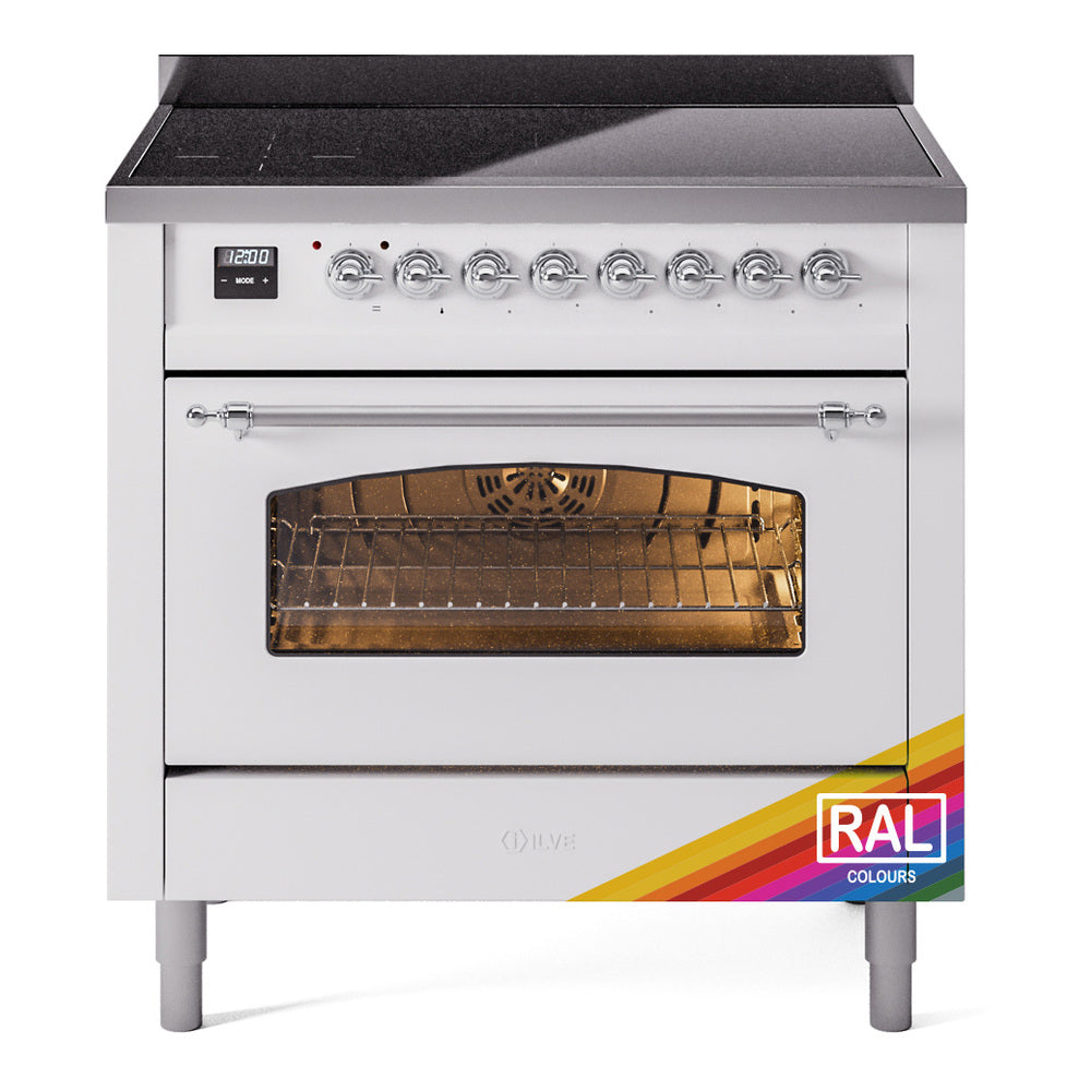 Freestanding electric induction range front with control panel and open oven door